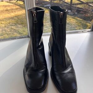 Zara Black Leather Ankle Boots with Front Zipper